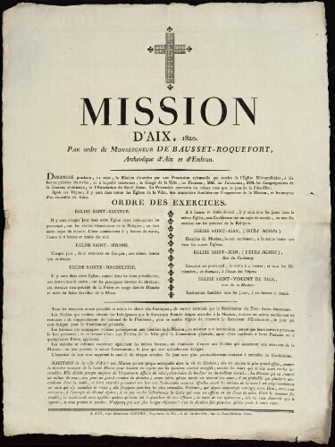 Mission d'Aix, de 1820. Par ordre de monseigneur de Bausset-Roquefort archevêque d'Aix et d'Embrun.
