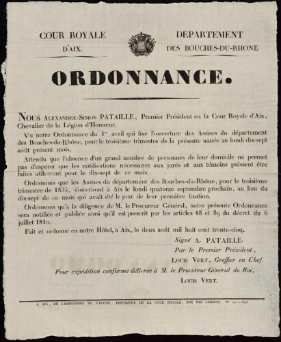 Ordonnance : « [...] les assises du département des Bouches-du-Rhône...  s’ouvriront à Aix le lundi 14 septembre... »   / Cour royale d'Aix. Département des Bouches-du-Rhône
