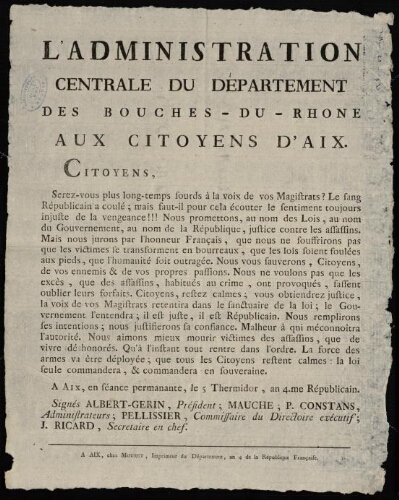 L'Administration centrale du département des Bouches-du-Rhône, aux citoyens d'Aix