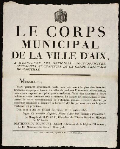 A Messieurs les officiers, sous-officiers, grenadiers et chasseurs de la Garde nationale de Marseille / Corps municipal de la ville d'Aix