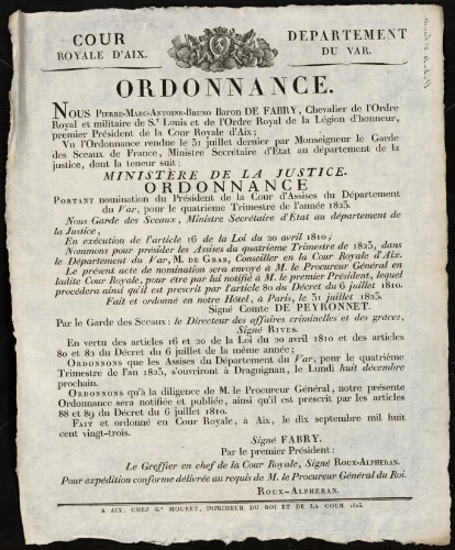 Ordonnance / Cour royale d'Aix. Département du Var