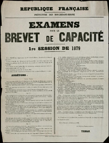 Examens pour le brevet de capacité. 1re session de 1879 / Préfecture des Bouches-du-Rhône