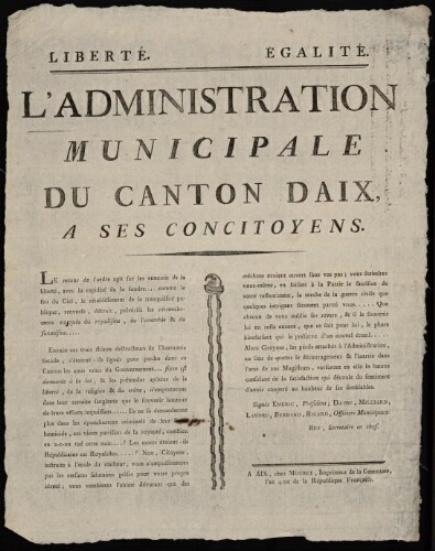 L’administration municipale du canton d'Aix, à ses concitoyens