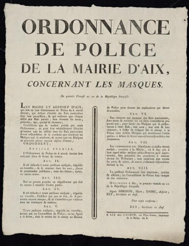 Ordonnance de police... concernant les masques / Brignon, Maire ; Daime, adjoint