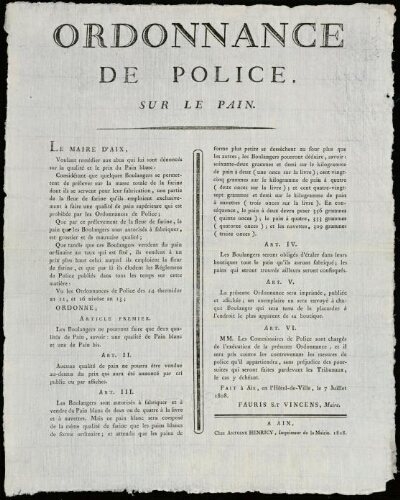 Ordonnance de police sur le pain  / Mairie d'Aix