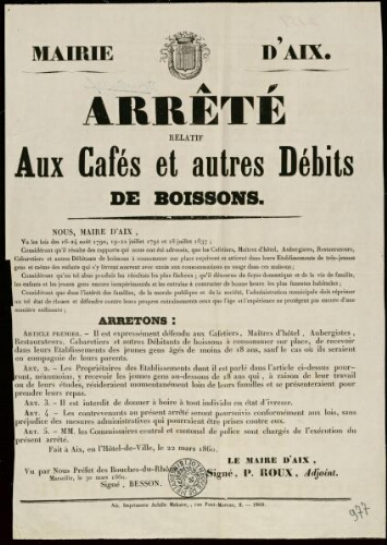 Arrêté relatif aux cafés et autres débits de boissons / Mairie d'Aix