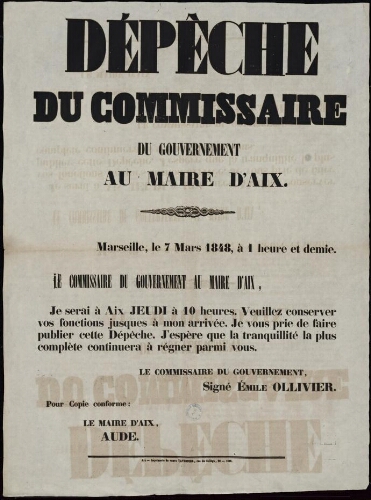 Dépêche du commissaire du gouvernement au maire d'Aix... «Je serai à Aix, jeudi »