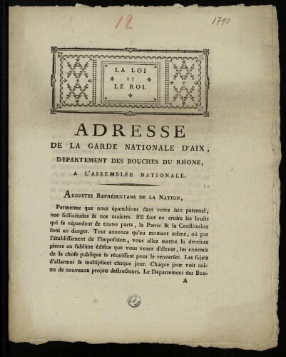 Adresse de la Garde nationale d'Aix, département des Bouches du Rhône, à l'Assemblée nationale
