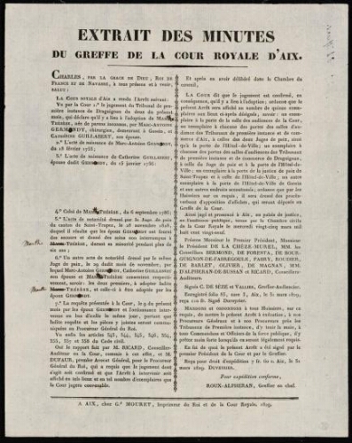 Extrait des Minutes du Greffe de la Cour royale d'Aix / Cour royale d'Aix. Département des Bouches-du-Rhône