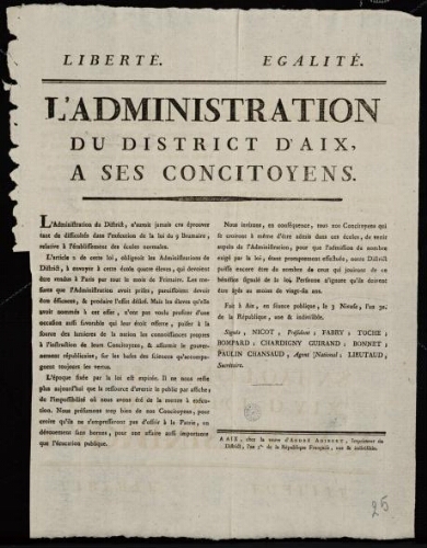 L'administration du district d'Aix, à ses concitoyens