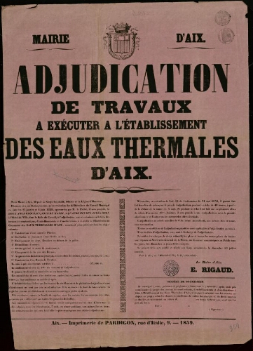 Adjudication de travaux à exécuter à l'établissement des eaux thermales d'Aix / Mairie d'Aix