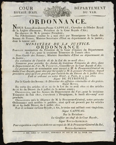 Ordonnance  / Cour royale d'Aix. Département du Var