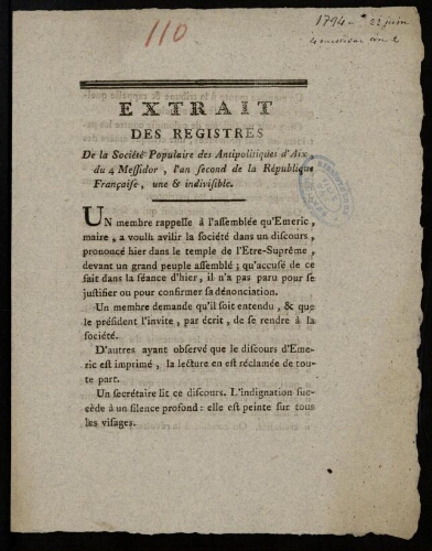 Extrait des registres de la société des antipolitiques d'Aix du 4 Messidor, l'an second de la république française, une & indivisible.