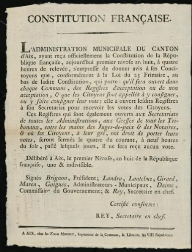 Constitution française / Administration municipale du Canton d'Aix
