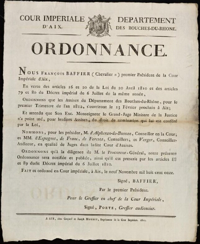 Ordonnance / Cour impériale d'Aix