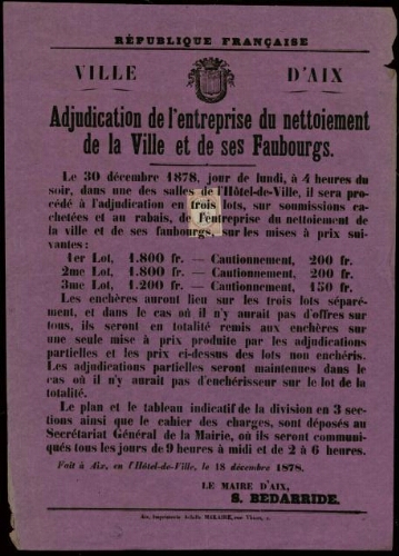Adjudication de l’entreprise du nettoiement de la ville et de ses faubourgs / Ville d’Aix