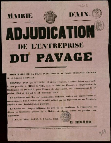Adjudication de l'entreprise de pavage / Mairie d'Aix