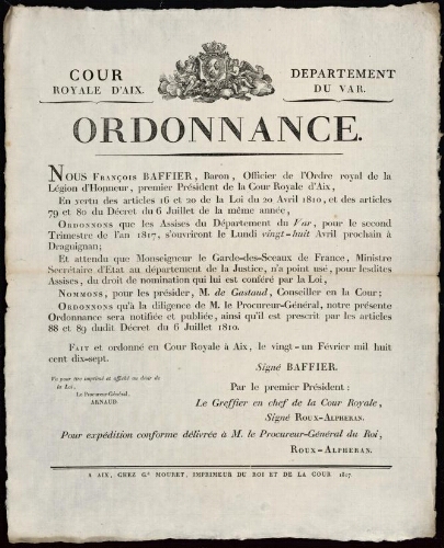 Ordonnance. nous François Baffier... premier président de la Cour royale d’Aix
