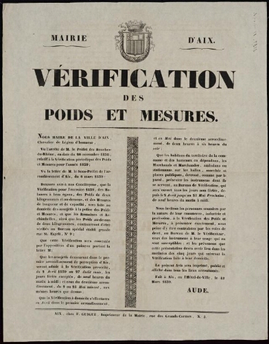 Vérification des poids et mesures   / Mairie d'Aix