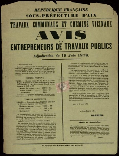 Travaux communaux et chemins vicinaux : avis aux entrepreneurs de travaux publics. Adjudication du 18 juin 1878 / Sous-préfecture d'Aix