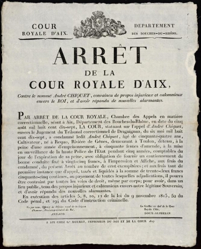 Arrêt de la Cour royale d'Aix, contre le nommé André Chiquet, convaincu de propos injurieux  et calomnieux envers le roi, et d'avoir répandu de nouvelles alarmantes.