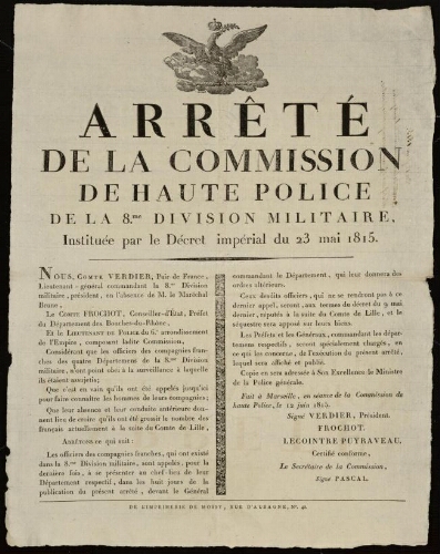 Arrêté de la commission de haute police de la 8me division militaire, instituée par le décret impérial du 23 mai 1815 / 8e division militaire