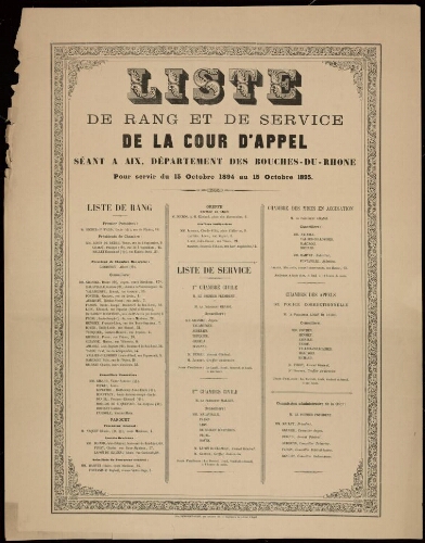 Liste de rang et de service de la cour d'appel séant à Aix, département des Bouches-du-Rhône pour servir du 15 octobre 1894 au 15 octobre 1895