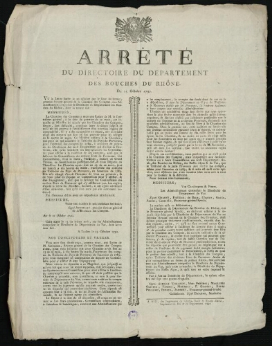 Arrêté du Directoire du département des Bouches-du-Rhône. Du 15 octobre 1790