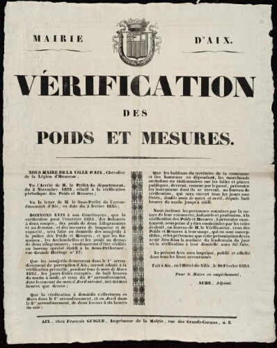 Vérification des poids et mesures  / Mairie d'Aix