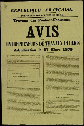Travaux des Ponts-et-Chaussées : avis aux entrepreneurs de travaux publics. Adjudication le 27 mars 1879 / Préfecture des Bouches-du-Rhône