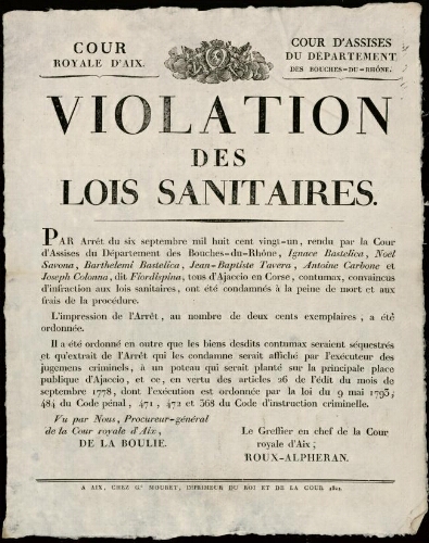 Violation des lois sanitaires. Cour royale d'Aix. Cour d’assises de département des Bouches-du-Rhône