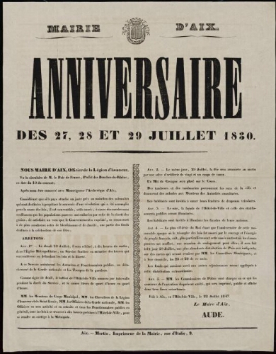 Anniversaire des 27, 28 et 29 juillet 1830 / Mairie d'Aix