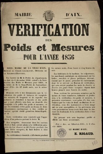 Vérification des poids et mesures pour l'année 1856 / Mairie d'Aix