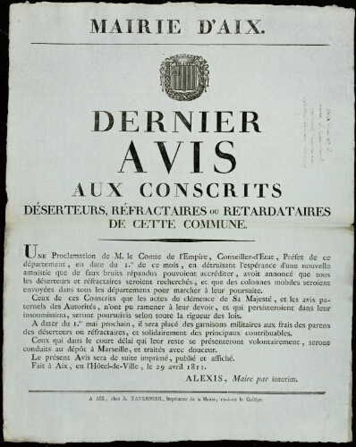 Dernier avis aux conscrits, déserteurs, réfractaires au retardataires de cette commune / Mairie d'Aix