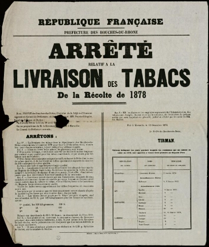Arrêté relatif à la livraison des tabacs de la récolte de 1878 / Préfecture des Bouches-du-Rhône