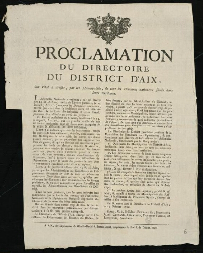 Proclamation du Directoire du District d'Aix, sur l'état à dresser, par les municipalités, de tous les domaines nationaux situés dans leurs territoires