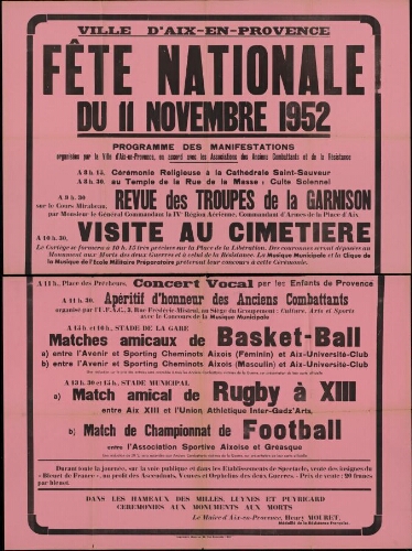 Fête nationale du 11 Novembre 1952 / Mairie d'Aix