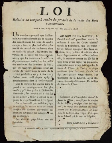 Loi relative au compte à rendre du produit de la vente des bois communaux. Donnée à Paris, le 15 août 1792, l'an 4me. de la liberté