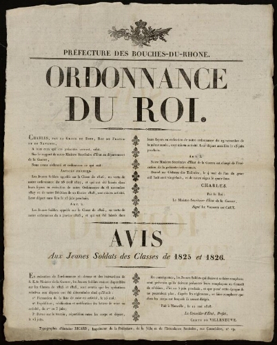 Ordonnance du roi [suivie de] Avis aux jeunes soldats des classes de 1825 et 1826 / Préfecture des Bouches-du-Rhône