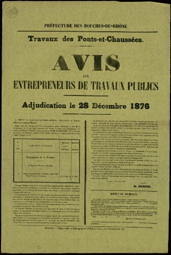 Travaux des ponts-et-chaussées : avis aux entrepreneurs de travaux publics. Adjudication le 28 décembre 1876 / Préfecture des Bouches-du-Rhône