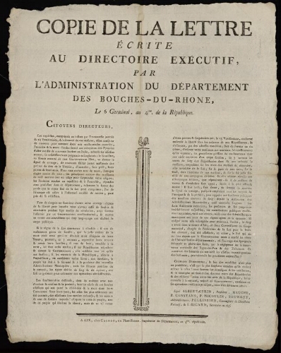 Copie de la lettre écrite au Directoire exécutif, par l'Administration du Département des Bouches-du-Rhône