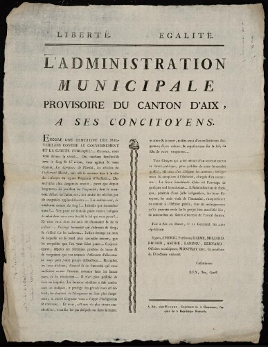 L’administration municipale provisoire, du canton d'Aix, à ses concitoyens
