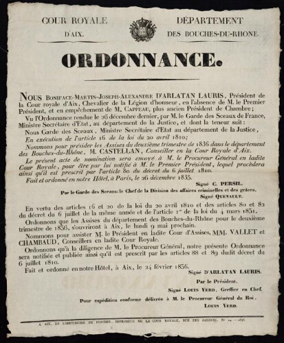 Ordonnance [ nommant le président et les assesseurs des assises du 2e trimestre 1836] / Cour royale d'Aix. Département des Bouches-du-Rhône