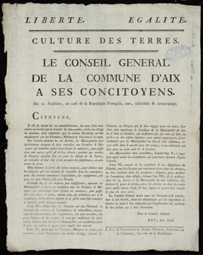 Culture des terres. Le conseil général de la commune d'Aix à ses concitoyens / [Mairie d'Aix]