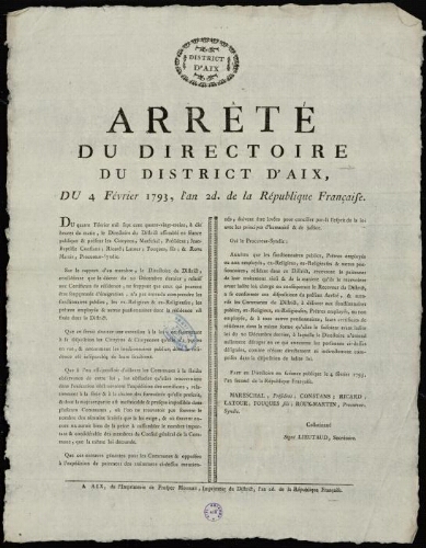Arrêté du Directoire du District d'Aix  du 4 février 1793, l’an 2d de la Répubique française