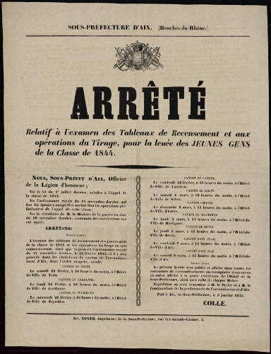 Arrêté relatif à l'examen des tableaux de recensement et aux opérations du tirage, pour la levée des jeunes gens de la classe de 1844 / Sous-préfecture d'Aix