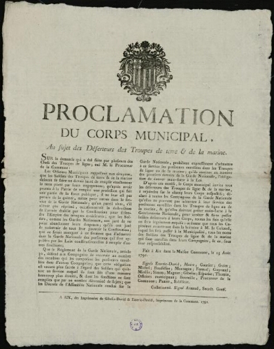 Proclamation du corps municipal au sujet des déserteurs des troupes de terre & de la marine / [Mairie d’Aix]