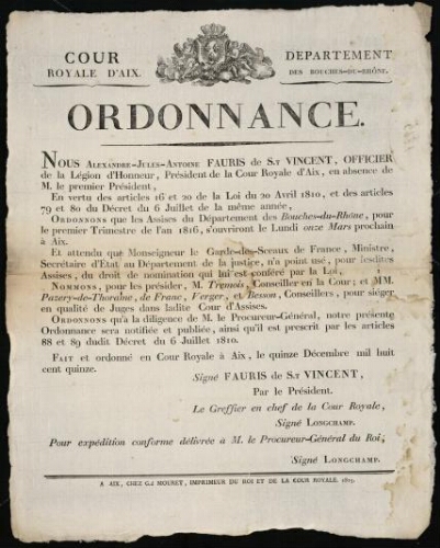 Ordonnance  / Cour royale d'Aix. Département des Bouches-du-Rhône