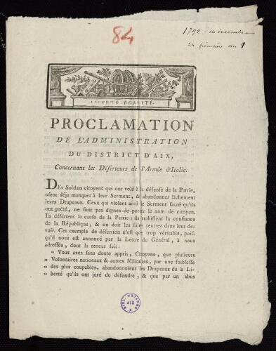 Proclamation de l'administration du district d'Aix, concernant les déserteurs de l'armée d'Italie