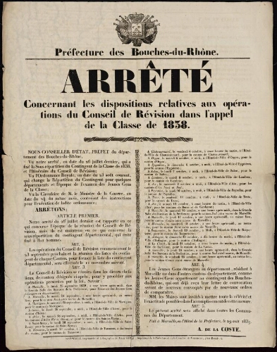 Arrêté concernant les dispositions relatives aux opérations du conseil de révision dans l'appel de la classe de 1838   / Préfecture des Bouches-du-Rhône